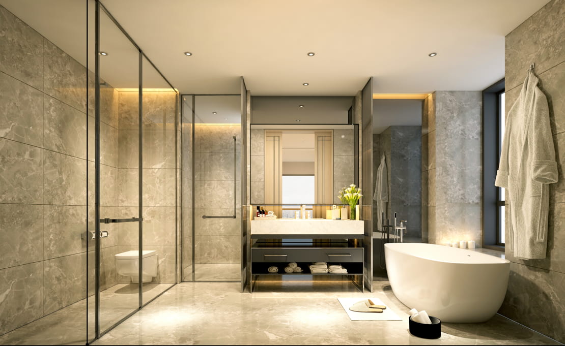 Luxurious bathroom with scented candles and a central space where the washbasin, toilet and bathtub are located