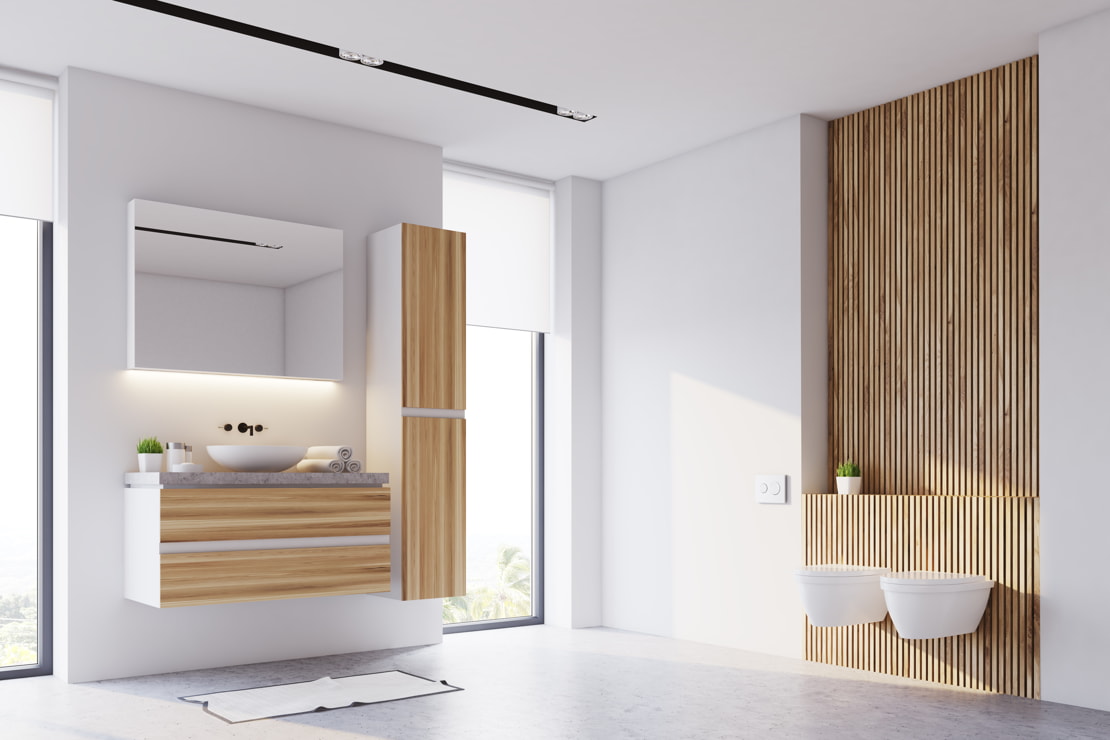 Minimalist décor in a luxury bathroom with wooden finishes