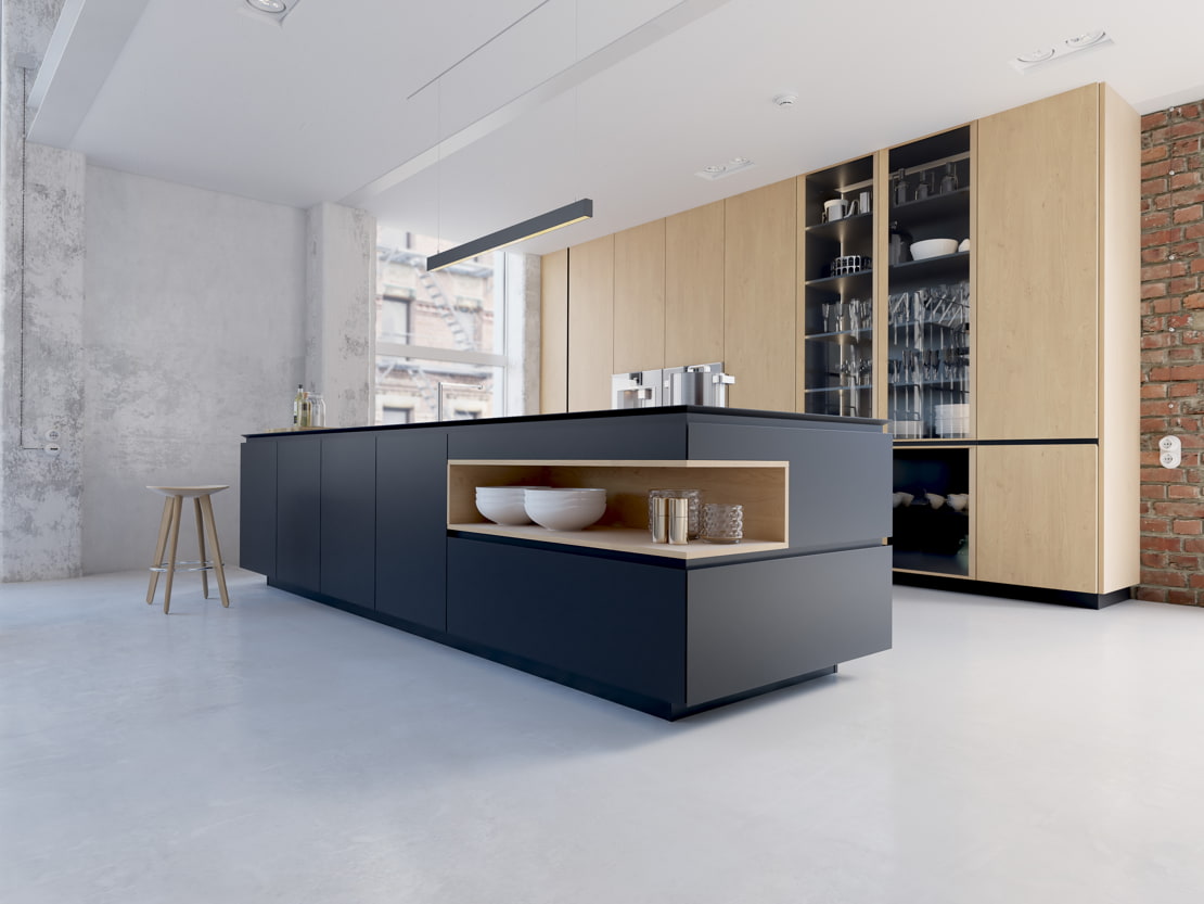 Microcement kitchen where exquisite furniture is combined with the exposed brick wall