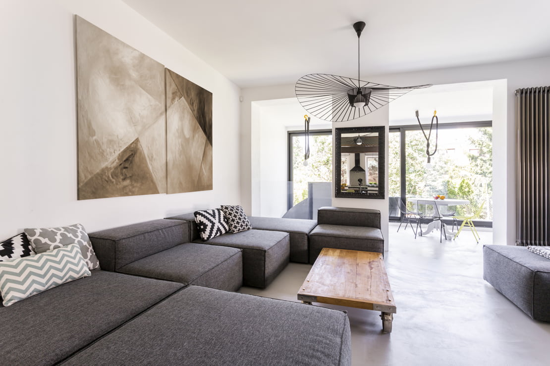 Luxury living room with micro-cement floor
